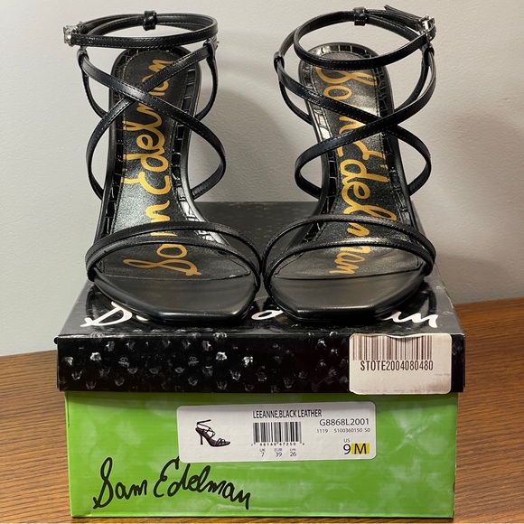 NWT | Sam Edelman Leanne Black Leather Ankle Strap Sandal Stiletto Heel - Picture 3 of 16